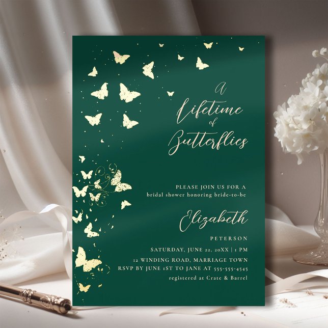 Lifetime Butterflies Emerald Gold Bridal Shower (a lifetime of butterflies bridal shower invitation emerald gold romantic elegant boho chic modern)