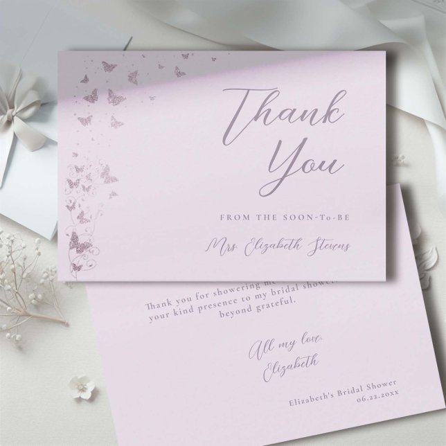 Lifetime Butterflies Lilac Silver Bridal Shower Thank You Card (lilac glitter butterflies bridal shower thank you card)