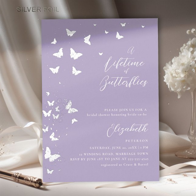 Lifetime Butterflies Modern Lilac Bridal Shower (a lifetime of butterflies bridal shower invitation lilac silver foil elegant vines whimsical modern )