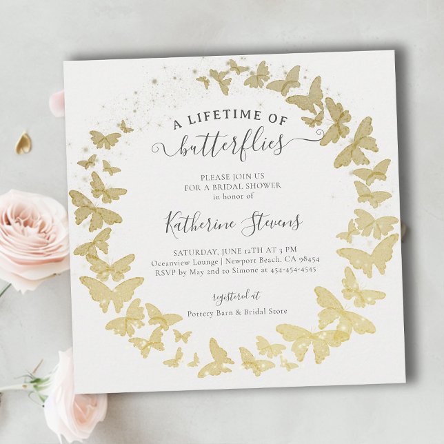 Lifetime Butterflies Wreath Modern Bridal Shower Invitation (a lifetime of butterflies bridal shower invitation gold foil butterfly garden whimsical square)