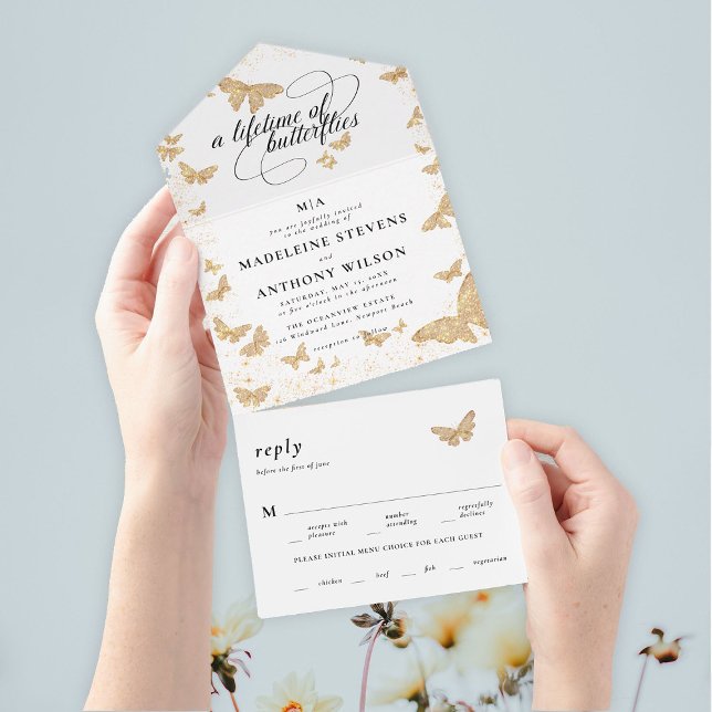 Lifetime of Butterflies Elegant Romantic Wedding All In One Invitation (a lifetime of butterflies theme modern romantic elegant minimalist all in one trifold garden wedding)