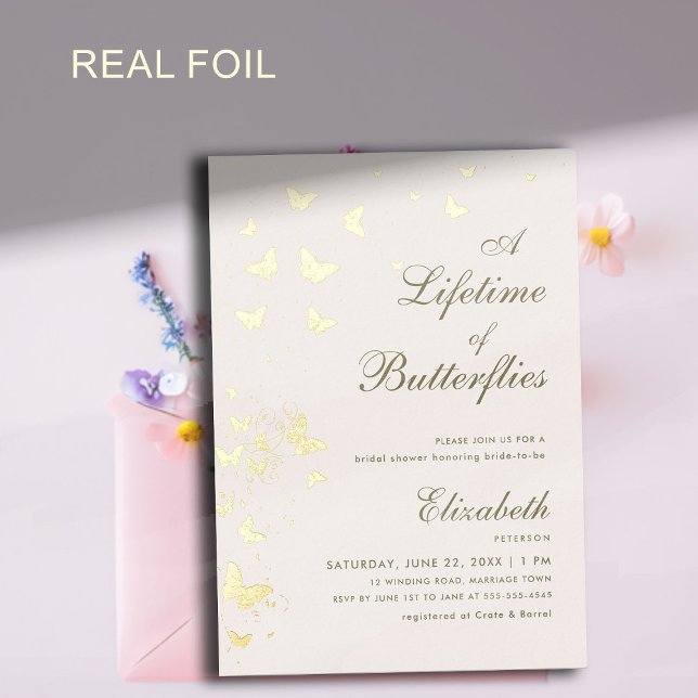 Lifetime of Butterflies Gold Garden Bridal Shower (a lifetime of butterflies bridal shower invitation gold foil butterfly garden whimsical elegant mode)