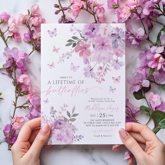 Lifetime of Butterflies Purple Bridal Shower Invitation (Here's a lifetime of butterflies | Purple floral butterfly bridal shower invitation)