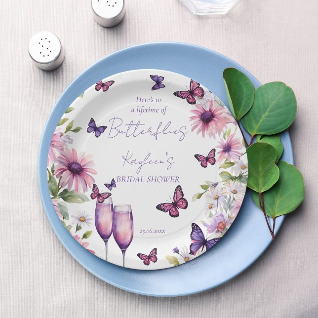 Lifetime of butterflies purple bridal shower paper plate (Lifetime of butterflies purple pink daisies champagne bridal shower printed paper plates table decor)