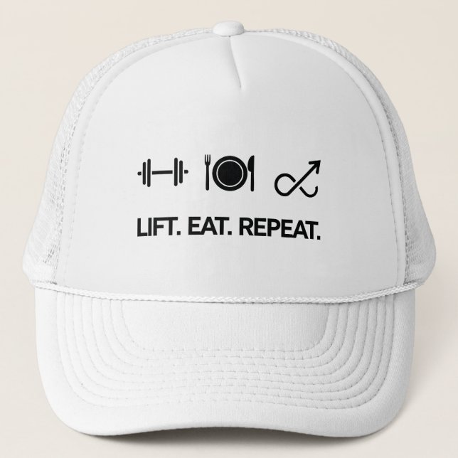 Lift. Eat. Repeat. - Motivational Fitness Design Trucker Hat (Front)
