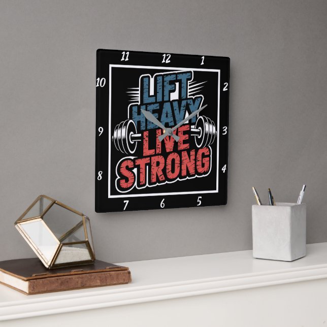 Lift Heavy Live Strong Barbell Square Wall Clock (Office)