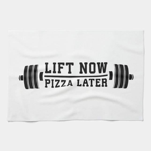 Lift Now, Pizza Later, Barbell - Funny Novelty Gym Tea Towel (Horizontal)