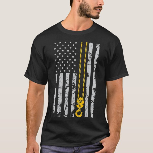 Lifting Hook Thin American Flag Crane Operator T-Shirt (Front)