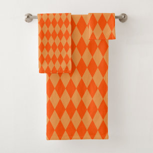 Light and Dark Orange Harlequin Diamonds Checkers Bath Towel Set