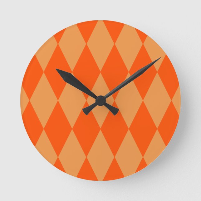 Light and Dark Orange Harlequin Diamonds Checkers  Round Clock (Front)