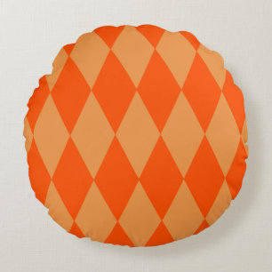 Light and Dark Orange Harlequin Diamonds Checkers Round Cushion