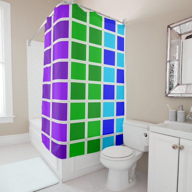 Light and Dark Peacock Colour Squares Shower Curtain (In Situ)