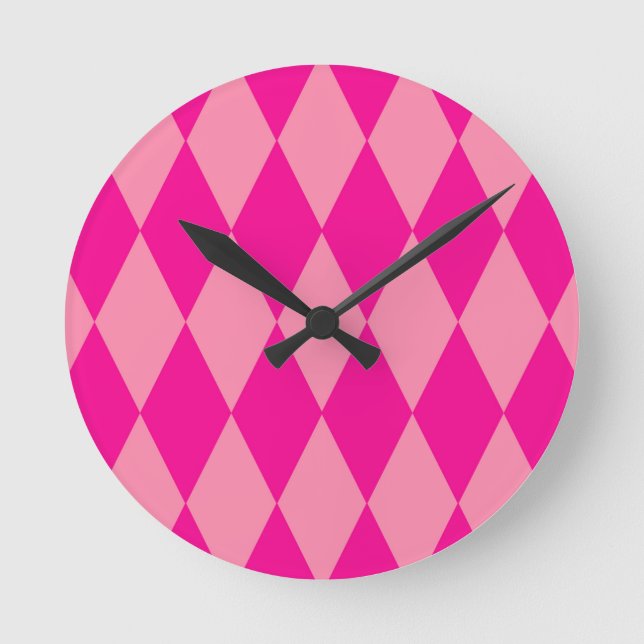 Light and Dark Pink Harlequin Diamonds Checkers  Round Clock (Front)