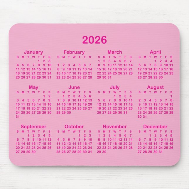 Light and Hot Pink 2026 Calendar Mouse Pad (Front)