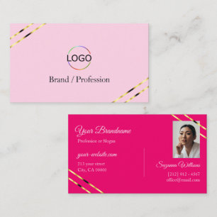 Light and Hot Pink Gold Lines with Logo Photo Business Card