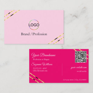Light and Hot Pink Gold Lines with Logo QR Code Business Card