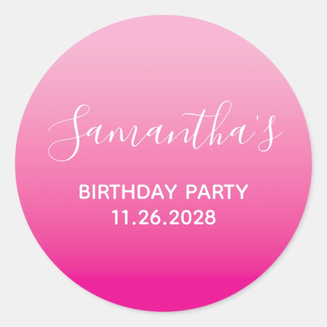 Light and Hot Pink Ombre Birthday Party Classic Round Sticker (Front)