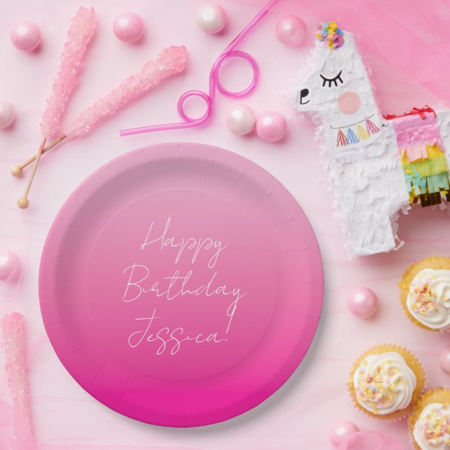 Light and Hot Pink Ombre Happy Birthday Paper Plate (Party)