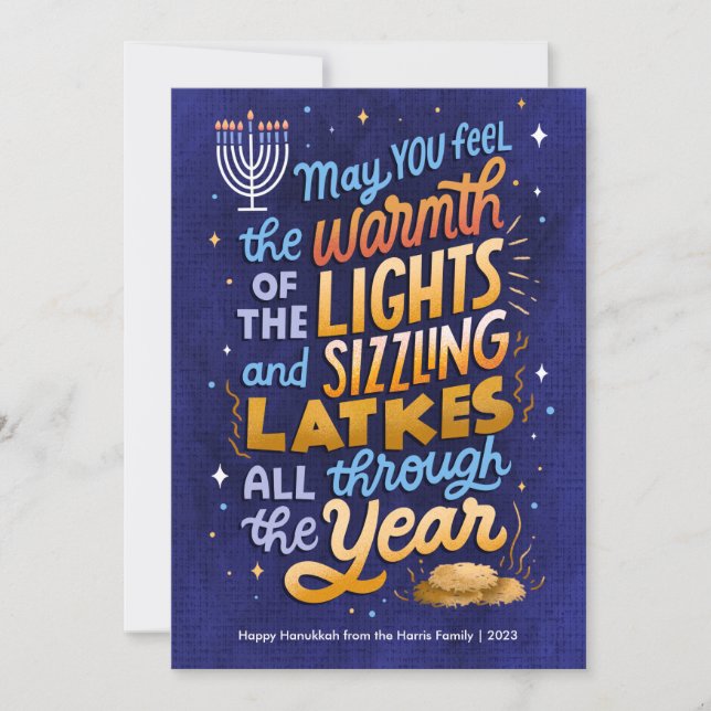 Light and Latkes Non-Photo Hanukkah  Holiday Card (Front)