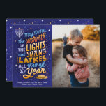 Light and Latkes One Photo Hanukkah  Holiday Card<br><div class="desc">This one-photo card,  features,  a bright and colourful,  hand-lettered Hanukkah sentiment,  with latkes and lights of the menorah. The reverse side has a coordinating pattern and additional family photos can be added.</div>