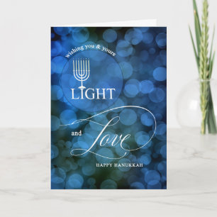 Light and Love Blue Bokeh Menorah Hanukkah Holiday Card