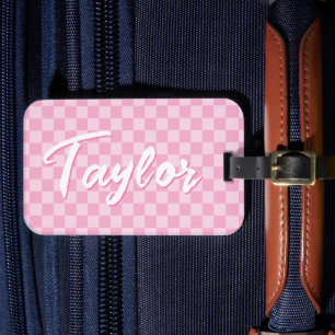 Light and Pale Pink Checkerboard Bold Name Luggage Tag