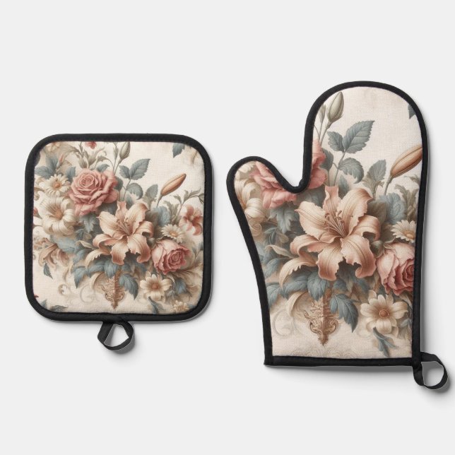 Light Antique Floral Perfection Oven Mitt & Pot Holder Set (Front)