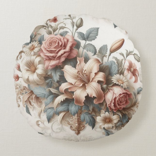 Light Antique Floral Perfection Round Cushion (Front)