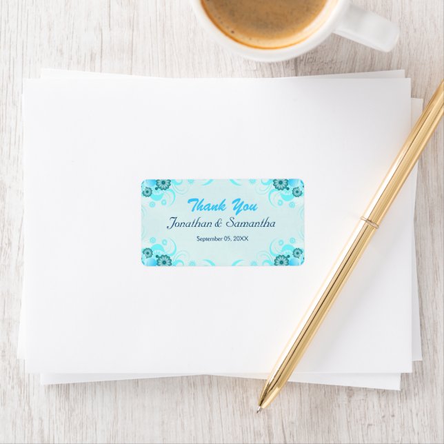 Light Aqua Blue Teal Floral Medium Wedding Favour Label (Insitu)