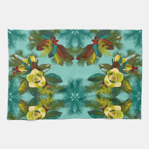 Light Aqua Magnolia Floral Print Kitchen Towel