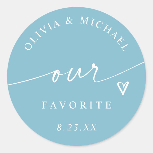 Light Aqua Our Favorite Handwriting Wedding Treat Classic Round Sticker (Front)
