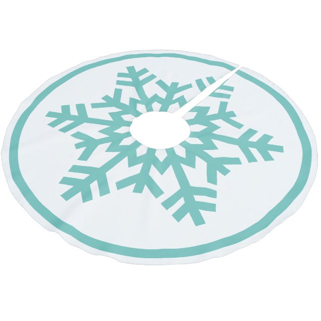 Light Aqua Teal Blue Green Snowflake On White Brushed Polyester Tree Skirt (Angled)