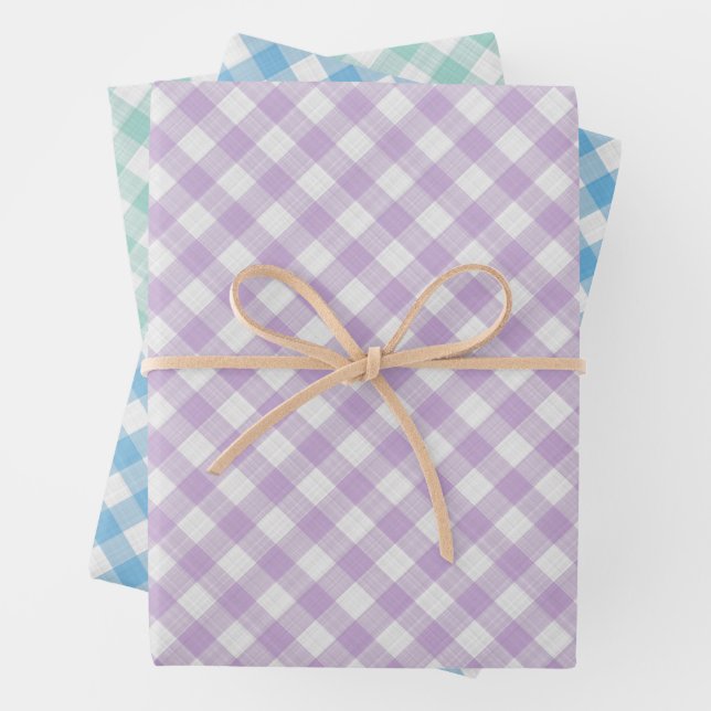 Light Aqua Turquoise Green Blue Pink Gingham Wrapping Paper Sheet (In situ)
