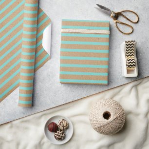 Light Aqua Turquoise Green Stripe On Faux Kraft Wrapping Paper