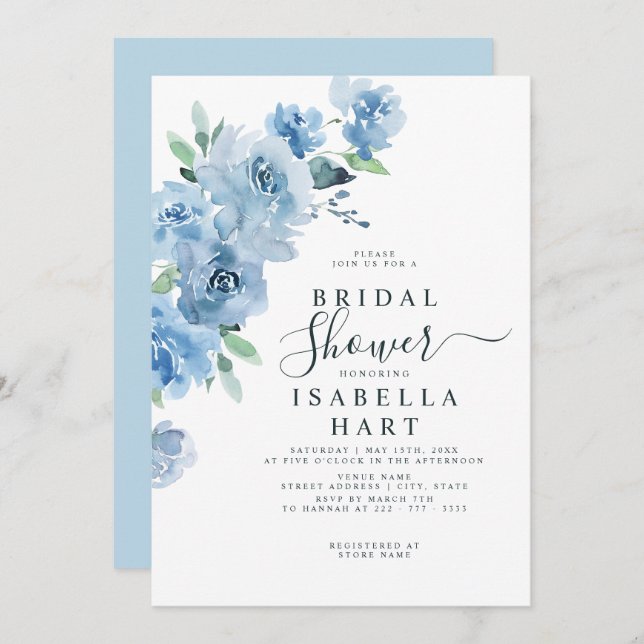 Light Baby Blue Botanical Floral Bridal Shower Invitation (Front/Back)