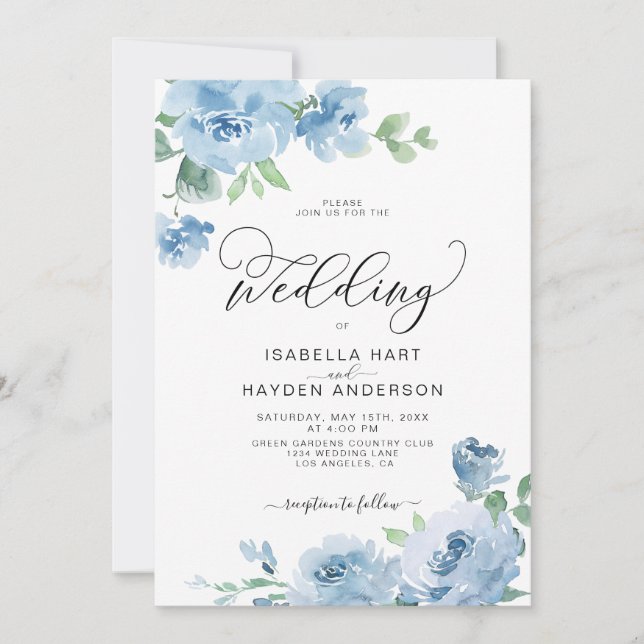 Light Baby Blue Elegant Floral Botanical Wedding Invitation (Front)