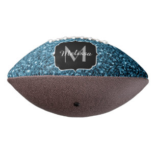 Light baby blue faux glitter sparkle Monogram name Football