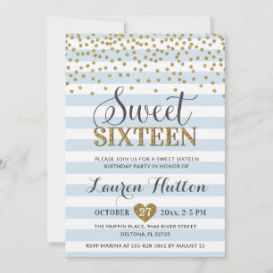 Light Baby Blue Gold Sweet Sixteen Party Birthday Invitation