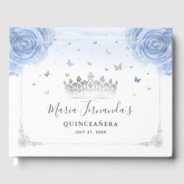 Light Baby Blue Roses and Elegant Silver Crown Guest Book (Front)