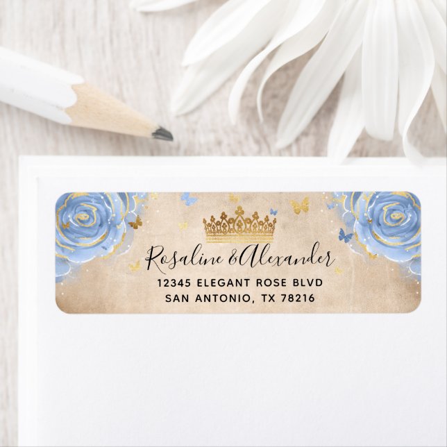 Light Baby Blue Roses Gold Crown Return Address Label (Insitu)