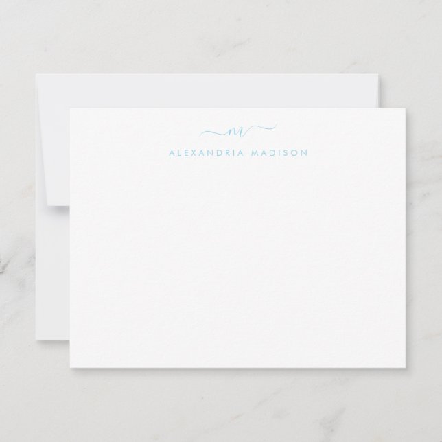 Light Baby Blue Script Monogram Swash Stationery Card (Front)
