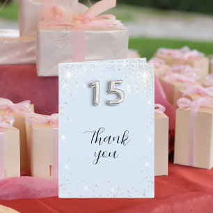 Light baby blue silver glitter photo Quinceanera Thank You Card