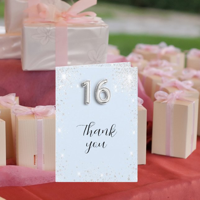 Light baby blue silver glitter photo Sweet 16 Thank You Card (Creator Uploaded)