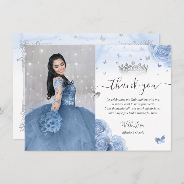 Light Baby Blue Silver Quinceañera Photo Birthday Thank You Card (Front/Back)