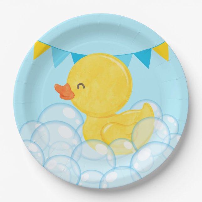 Light Baby Blue Watercolor Rubber Duck Party  Paper Plate (Front)