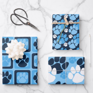 Light Baby Blue, White & Navy Blue Pawprint Wrapping Paper Sheet