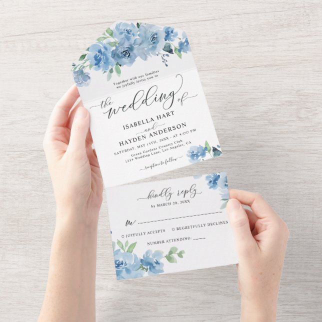 Light Baby Dusty Blue Floral Botanical Wedding All In One Invitation (Tearaway)