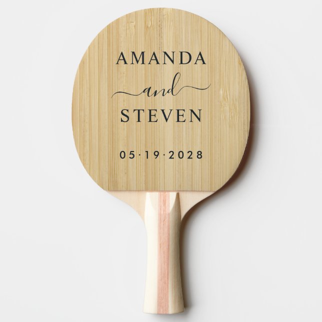 Light Bamboo Couple Names with Wedding Date Ping Pong Paddle (Back)