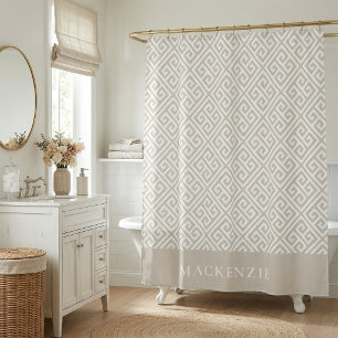 Light Beige and White Greek Key Name Monogram Shower Curtain