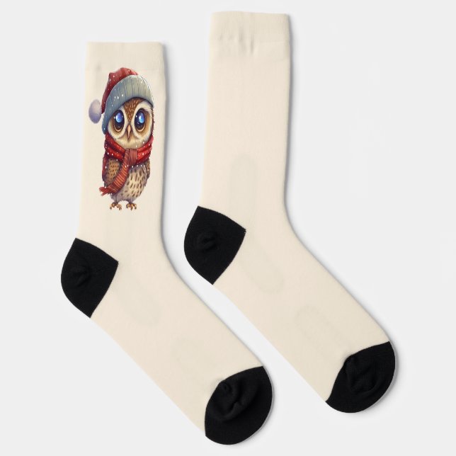 Light Beige Cute Owl with Red Christmas Hat socks (Right)